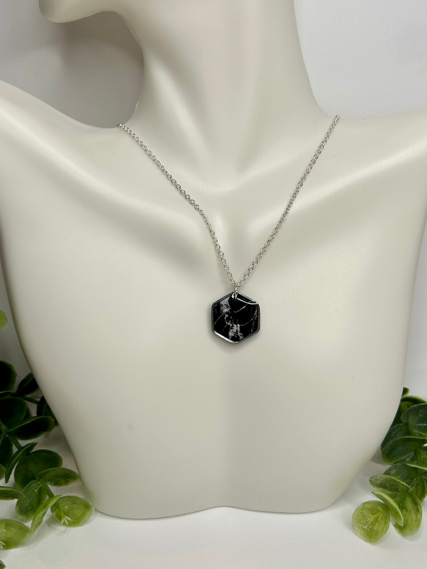 Black Hexagon Necklace- Silver