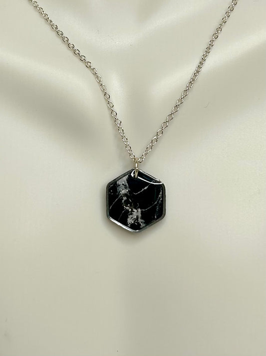 Black Hexagon Necklace- Silver